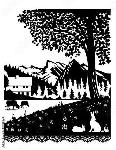 Swiss scherenschnitte or scissors cut illustration of silhouette of a cow and rabbit in a village in Diemtigtal Nature Park in the canton of Bern, Switzerland done in paper cut or decoupage.
