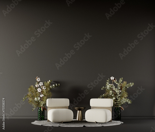 The modern interior design concept of cozy living room and black empty wall background. 3d rendering.