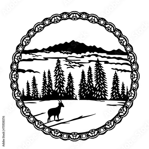 Swiss scherenschnitte or scissors cut illustration of silhouette of chamois in Jura Vaudois Nature Park of the Lake Geneva Region, Switzerland inside circle in paper cut or decoupage.
