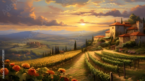 Sunset over vineyards in Tuscany, Italy, Europe