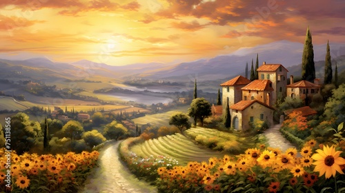 Landscape of Tuscany with sunflowers at sunset.