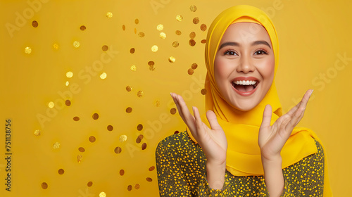 Young happy lady wearing hijab celebrating eid festival with gold coins decoration yellow background