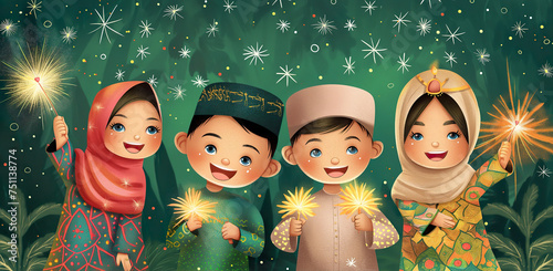 Cute muslim kids having fun with sparklers, celebrating eid festival theme