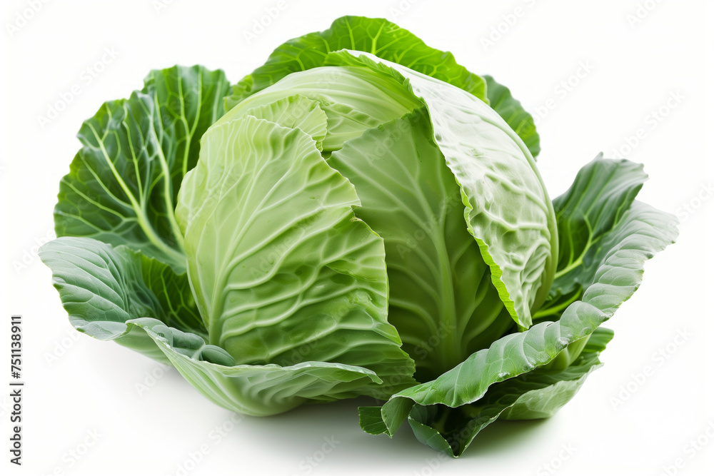 Close-up of a fresh green cabbage with its outer leaves spread out isolated on white background Close-up of a fresh green cabbage with its outer leaves spread out isolated on white background