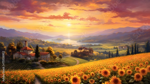 Sunflower field at sunset in Tuscany, Italy. Panorama