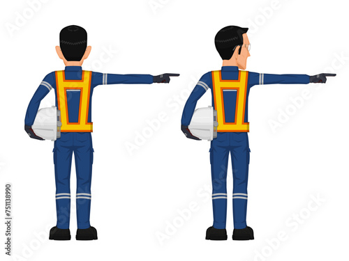 Set of construction worker in the position of pointing something beside him self