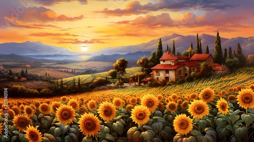 Sunflower field at sunset in Tuscany, Italy. Panoramic view
