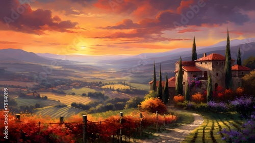 Panoramic view of the Tuscany hills at sunset.