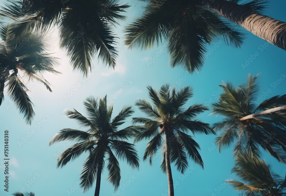 Obraz premium Tropical palm trees against a clear blue sky with sunlight filtering through the leaves.