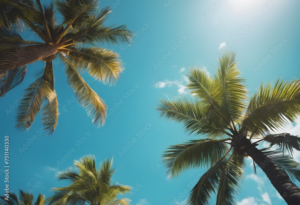 Tropical palm trees against a clear blue sky with sunlight filtering through the leaves.