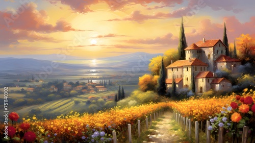 panoramic view of Tuscany with a vineyard in autumn
