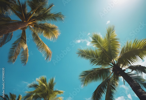 Tropical palm trees against a clear blue sky with sunlight filtering through the leaves.