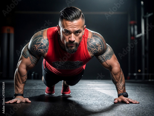 Close-up of a handsome muscular 40 year old healthy New Zealand man with Maori tattoos doing push-ups in a gym photo
