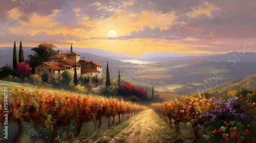 Panoramic view of Tuscany with vineyard at sunset