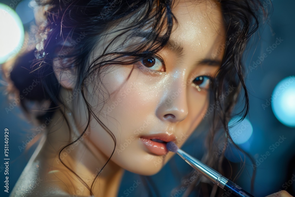 Fototapeta premium Close-up Portrait of a Beautiful Young Woman with Sparkling Makeup in a Moody Light Setting