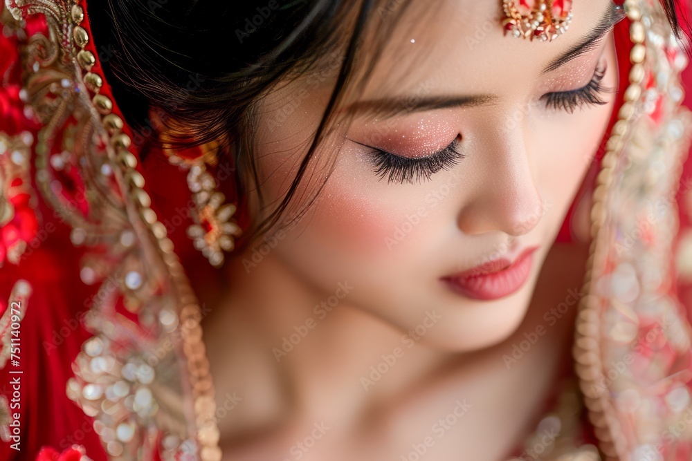 Traditional South Asian Bridal Look, Close-Up Portrait of Bride With Ornate Jewelry and Makeup