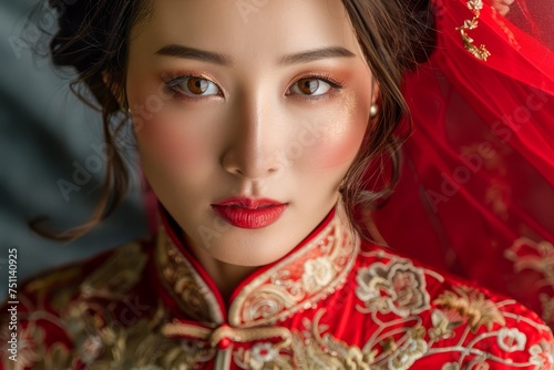 Elegant Asian Bride in Traditional Red Embroidered Dress with Beautiful Makeup Gazing Serenely