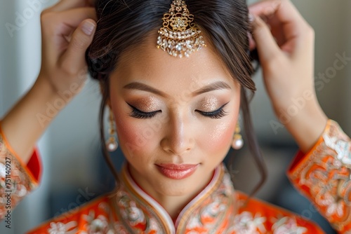 Elegant Asian Bride in Traditional Orange Attire with Exquisite Jewelry and Makeup