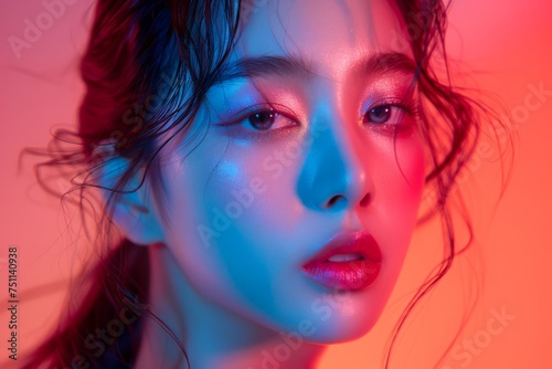 Vibrant Portrait of a Young Woman with Blue and Red Lighting, Elegant Makeup in High Fashion Style