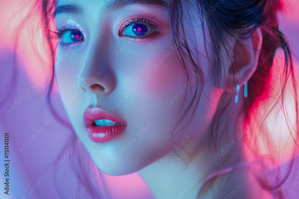 Close-up Portrait of a Young Woman with Glowing Skin and Sparkling Eyes Under Vibrant Neon Lights