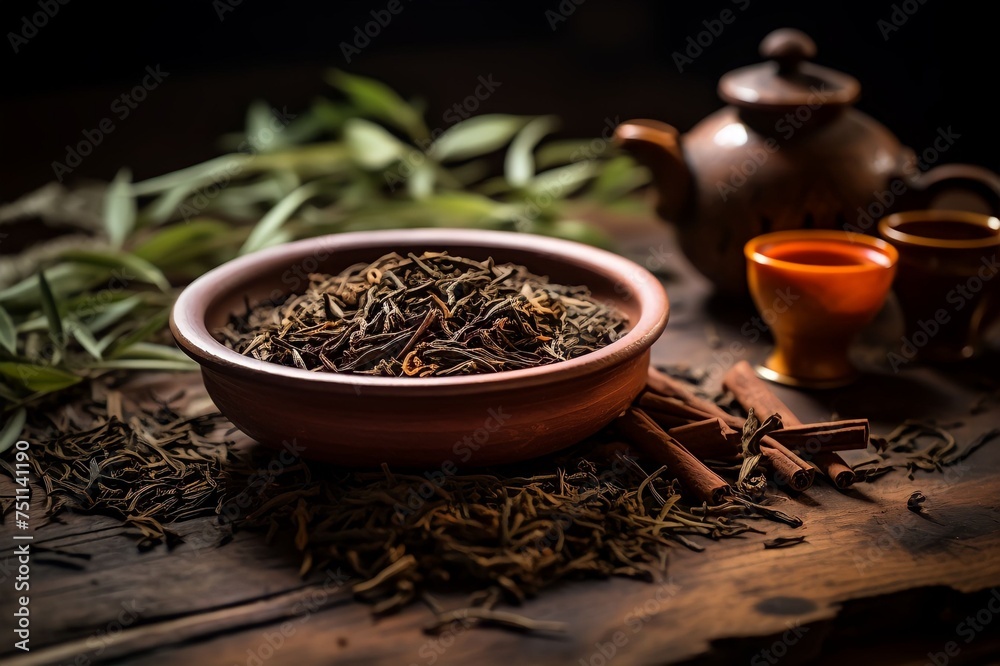 Dry tea leaves isolated on wooden background Dry tea leaves isolated on wooden background