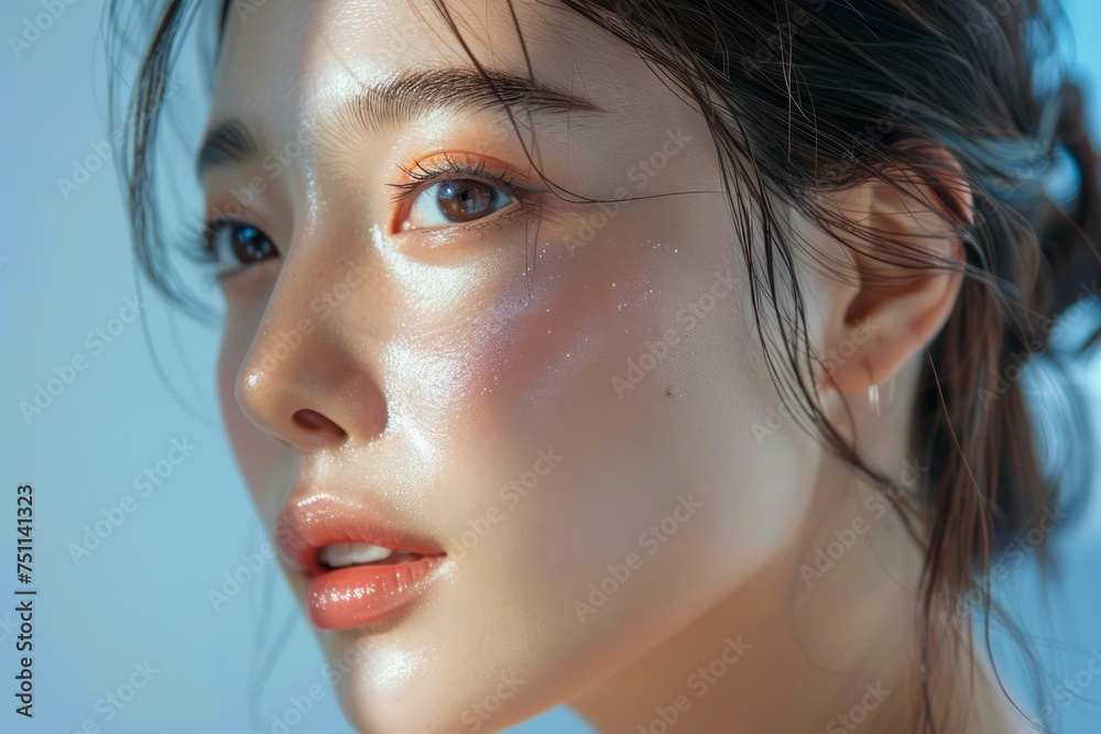 Close-up Portrait of a Young Woman with Glowing Skin and Sparkles, High-Quality Beauty and Skincare Concept Image Close-up Portrait of a Young Woman with Glowing Skin and Sparkles, High-Quality Beauty and Skincare Concept Image
