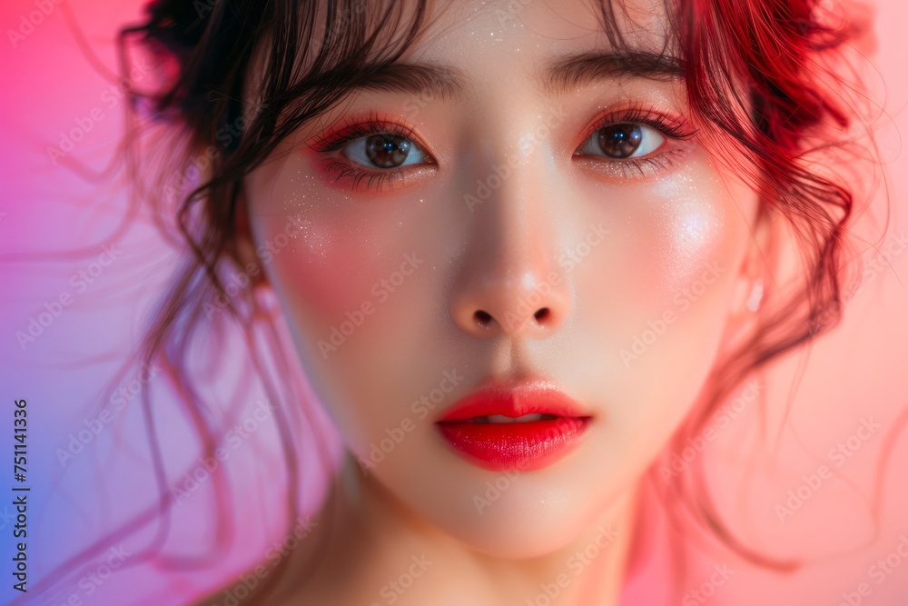 Close-up Portrait of Young Woman with Glowing Skin and Elegant Makeup in Vivid Pink Lighting Close-up Portrait of Young Woman with Glowing Skin and Elegant Makeup in Vivid Pink Lighting