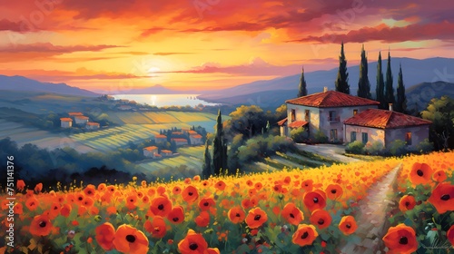 Sunset over the Tuscany landscape with red poppies
