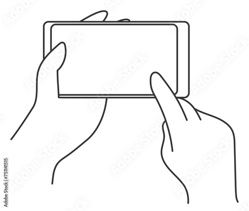 横向きのスマートフォンを操作する手のイラスト　白黒バージョン photo