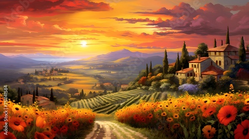 Sunset in Tuscany with sunflowers - digital painting #751141584