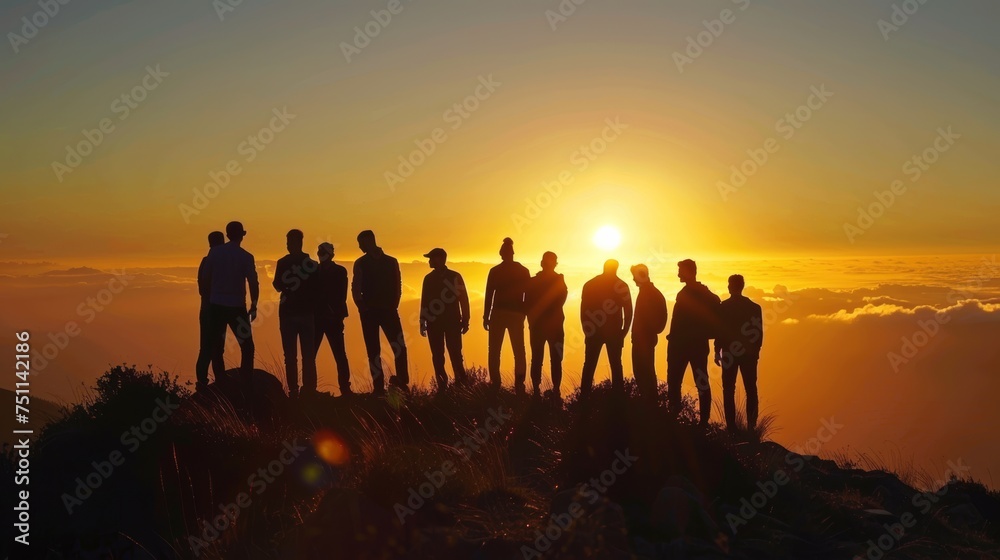 Silhouette of business team stand and feel happy on the most hight at stand on sunset, success, leader, teamwork, target, Aim, confident, achievement, goal, on plan, finish, generate by AI.
