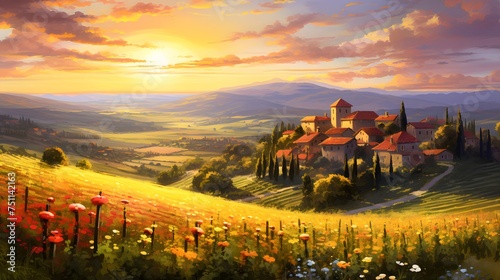 Panoramic view of Tuscany, Italy at sunset.