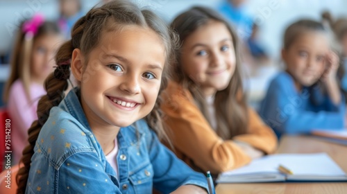 primary elementary school group of children studying in the classroom. learning and sitting at the desk. young cute kids smiling, high quality photo