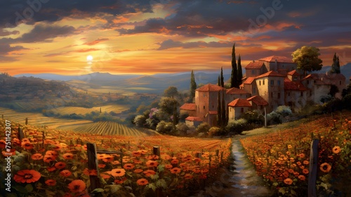 Panoramic view of Tuscany with sunflower fields at sunset