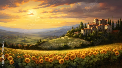 Panoramic view of Tuscany with sunflowers at sunset #751142366