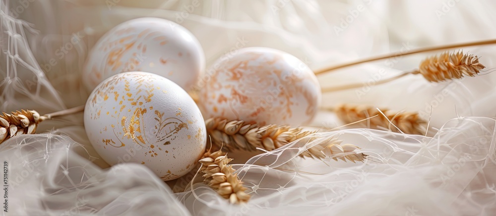 A bunch of white eggs is neatly arranged on top of a table, with Easter eggs adorned with wheat ears in the background. A bunch of white eggs is neatly arranged on top of a table, with Easter eggs adorned with wheat ears in the background.