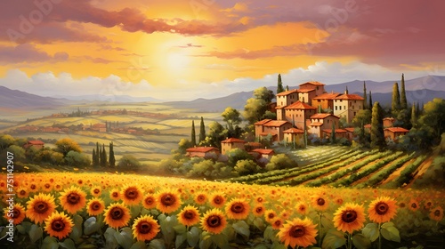 Sunflower field in Tuscany, Italy. Panoramic image