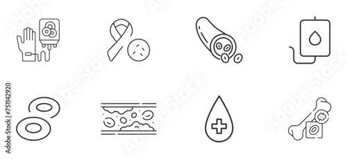 Hematology icon set. Blood cells, blood cancer, blood vein, blood donation icons set vector design.
