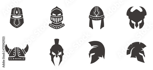 Warrior helmets black icons or logos set. Knight armor, vector illustration
