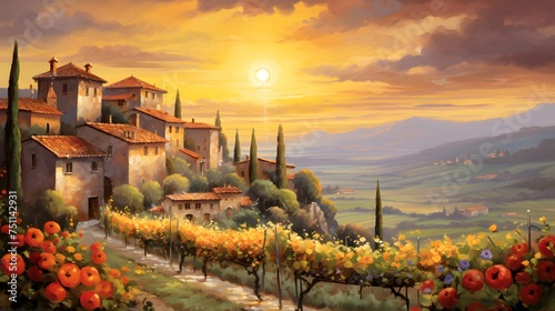 Panoramic view of Tuscany in Italy at sunset.
