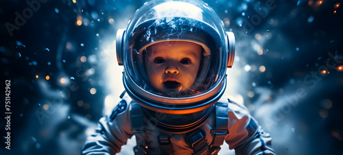 a flaming cute baby pose in astronaut costume shaped wallpaper design abstract organic colorful background 20:9, ai generative photo