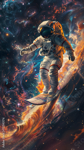 Astronaut surfing on a colorful cosmic wave