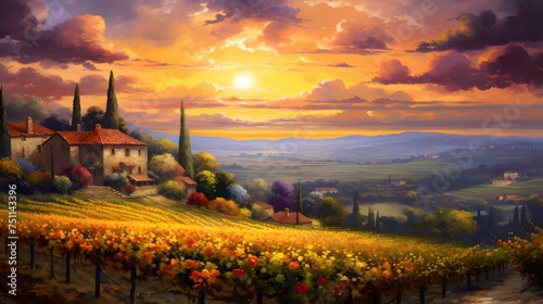 Panoramic view of vineyards in Tuscany, Italy