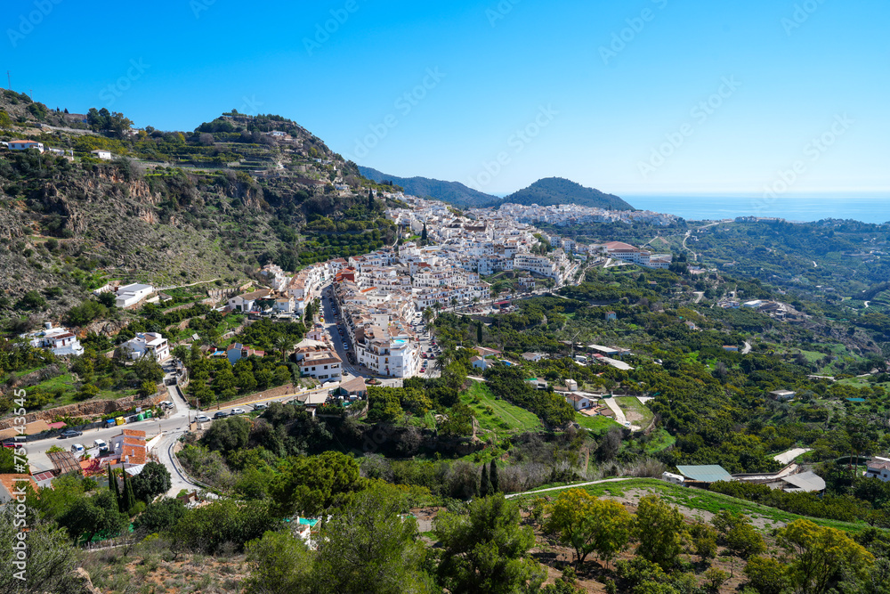 Panoramic view of the white hillside village of Frigiliana Spain