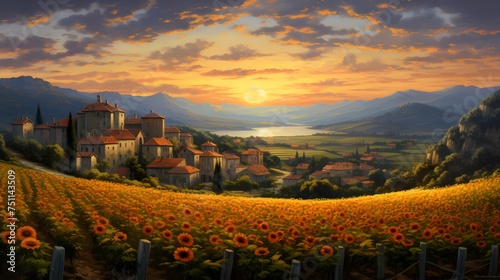 Panoramic view of a sunflower field in Tuscany