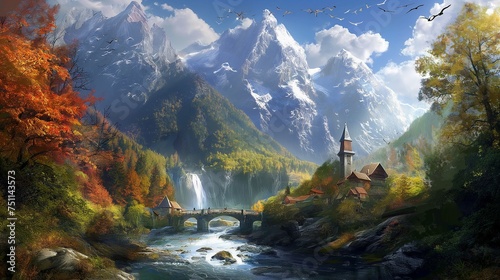 Capturing the spellbinding allure of streams descending from towering peaks  embracing charming villages  as graceful birds adorn the scene with their aerial ballet.