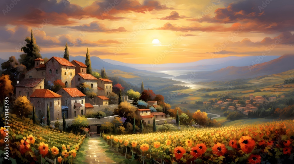 Panoramic view of Tuscan countryside with sunflowers at sunset