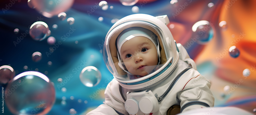 cute baby pose in astronaut costume shaped wallpaper design abstract organic colorful background 20:9, ai generative cute baby pose in astronaut costume shaped wallpaper design abstract organic colorful background 20:9, ai generative