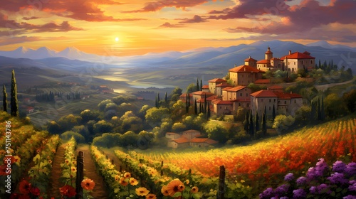 Panoramic view of Tuscany with sunflowers at sunset