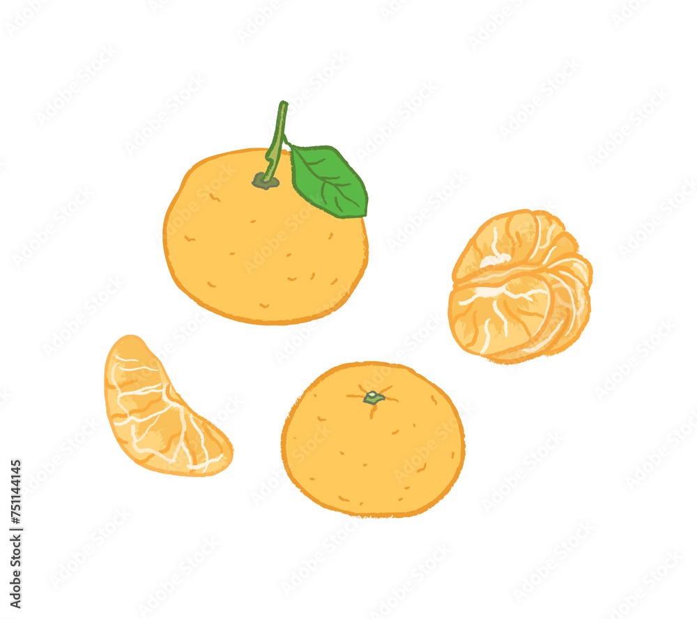 Whole and half tangerine fruit with leaf Whole and half tangerine fruit with leaf